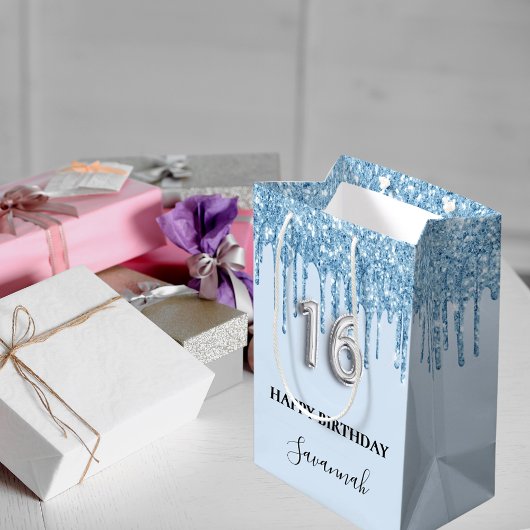 Baby blauw glitter druppels naam Sweet 16 Medium Cadeauzakje