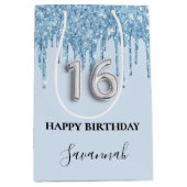 Baby blauw glitter druppels naam Sweet 16 Medium Cadeauzakje (Voorkant)