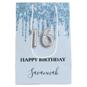 Baby blauw glitter druppels naam Sweet 16 Medium Cadeauzakje (Achterkant)