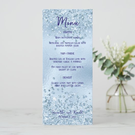 Baby Blauw Glitter & Folie Bruiloft Diner Menu Kaa Kaart (Staand voorkant)