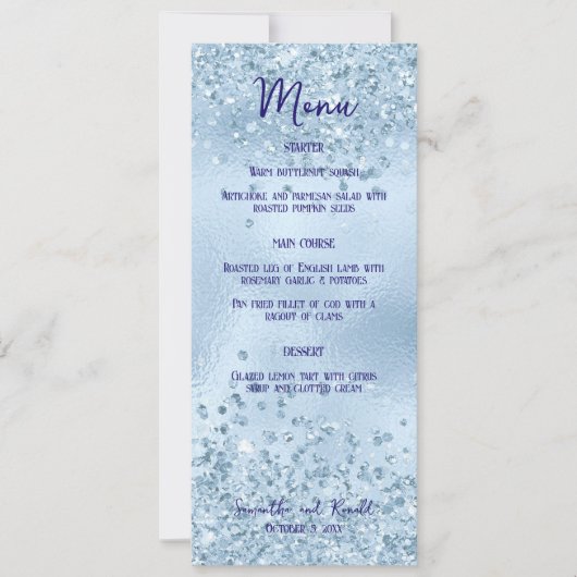 Baby Blauw Glitter & Folie Bruiloft Diner Menu Kaa Kaart (Voorkant)