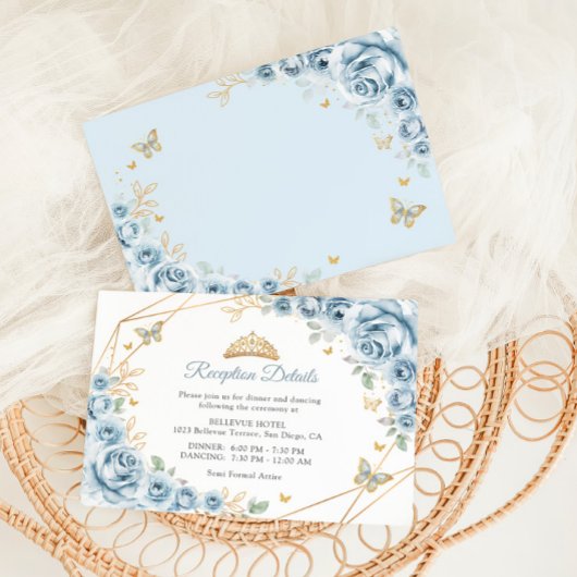 Baby Blauw Goud Bloemen Quinceanera Details Informatiekaartje