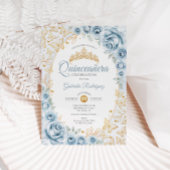 Baby Blauw Goud Bloemen Quinceanera Kaart