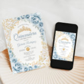 Baby Blauw Goud Bloemen Quinceanera Kaart