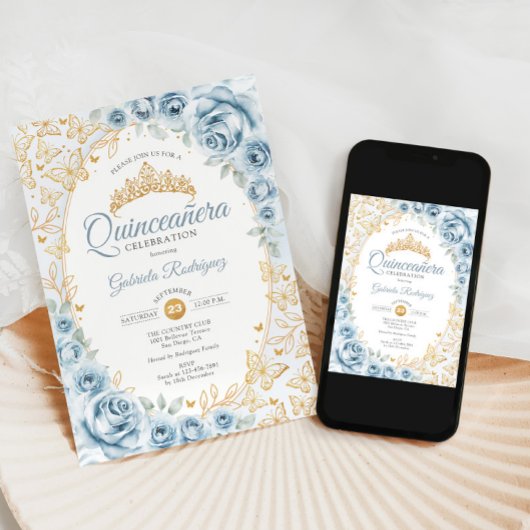 Baby Blauw Goud Bloemen Quinceanera Kaart