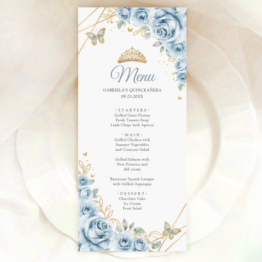 Baby Blauw Goud Bloemen Quinceanera Menu
