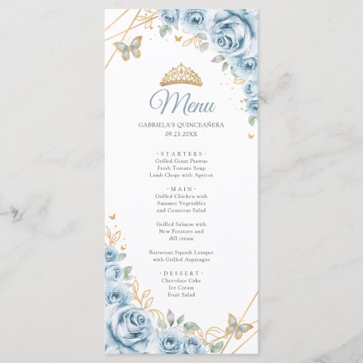 Baby Blauw Goud Bloemen Quinceanera Programma Menu (Voorkant)