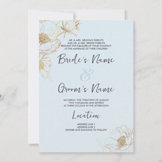 Baby blauw goud glitter pioen bloemen bruiloft kaart (Voorkant)