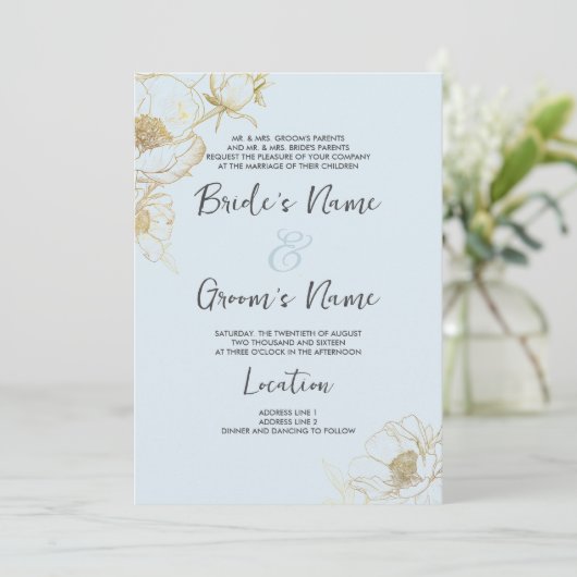 Baby blauw goud glitter pioen bloemen bruiloft kaart (Staand voorkant)