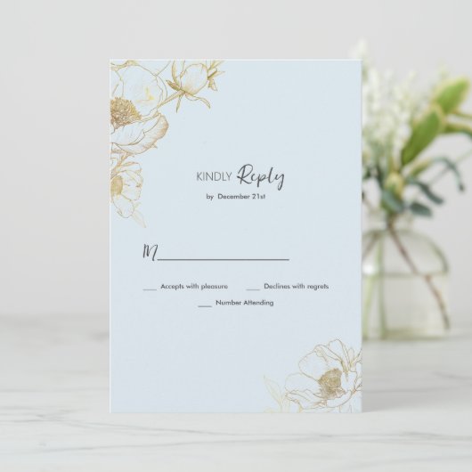 Baby blauw goud glitter pioen bloemen RSVP Kaart (Staand voorkant)