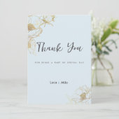 Baby blauw goud glitter pioenroos bloemendank u kaart (Staand voorkant)