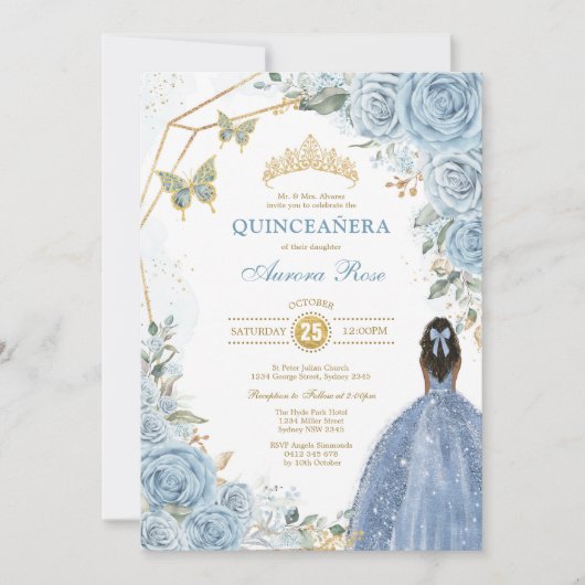 Baby Blauw Goud Quinceañera Vlinder Prinses Kaart (Voorkant)