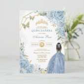 Baby Blauw Goud Quinceañera Vlinder Prinses Kaart (Staand voorkant)
