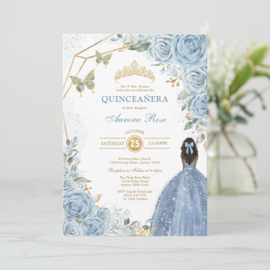 Baby Blauw Goud Quinceañera Vlinder Prinses Kaart (Staand voorkant)