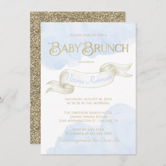 Baby Blauw Goud Waterverf Boy Baby shower Brunch Kaart (Voorkant / Achterkant)