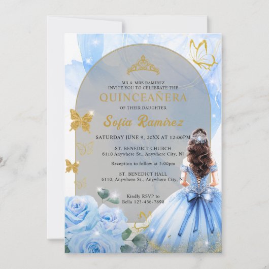 Baby Blauw Jurk Prinses Glitter Quinceañera Kaart (Voorkant)