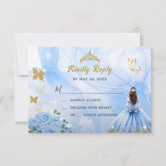 Baby Blauw Jurk Prinses Glitter Quinceañera RSVP Kaartje (Voorkant)
