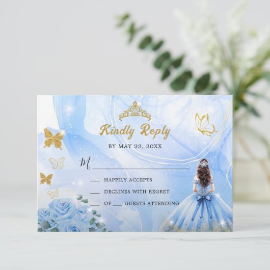 Baby Blauw Jurk Prinses Glitter Quinceañera RSVP Kaartje (Staand voorkant)