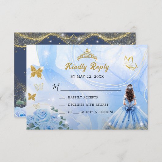 Baby Blauw Jurk Prinses Glitter Quinceañera RSVP Kaartje (Voorkant / Achterkant)