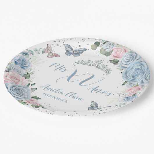 Baby Blauw Licht Roze Bloemen Vlinder Quinceañera Papieren Bordje (Gekanteld)