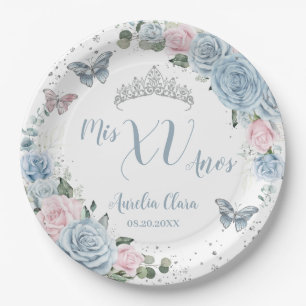 Baby Blauw Licht Roze Bloemen Vlinder Quinceañera Papieren Bordje