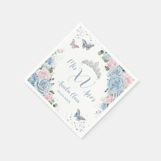 Baby Blauw Licht Roze Bloemen Vlinder Quinceañera Servet (Hoek)