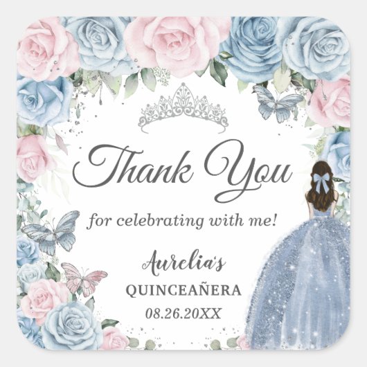 Baby Blauw Lichtroze Bloemen Prinses Quinceañera Vierkante Sticker (Voorkant)