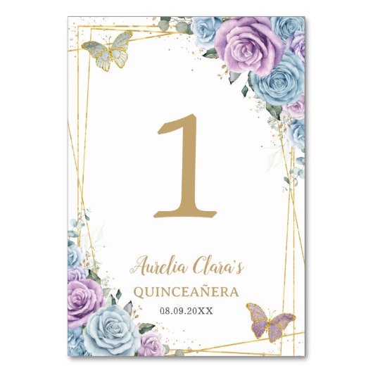 Baby Blauw Lila Bloemen Goud Quinceañera Sweet 16 Kaart (Voorkant)