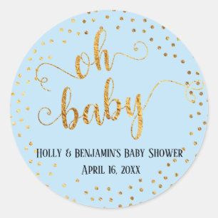 Baby Blauw "Oh Baby" Faux Gold Foil Confetti Ronde Sticker