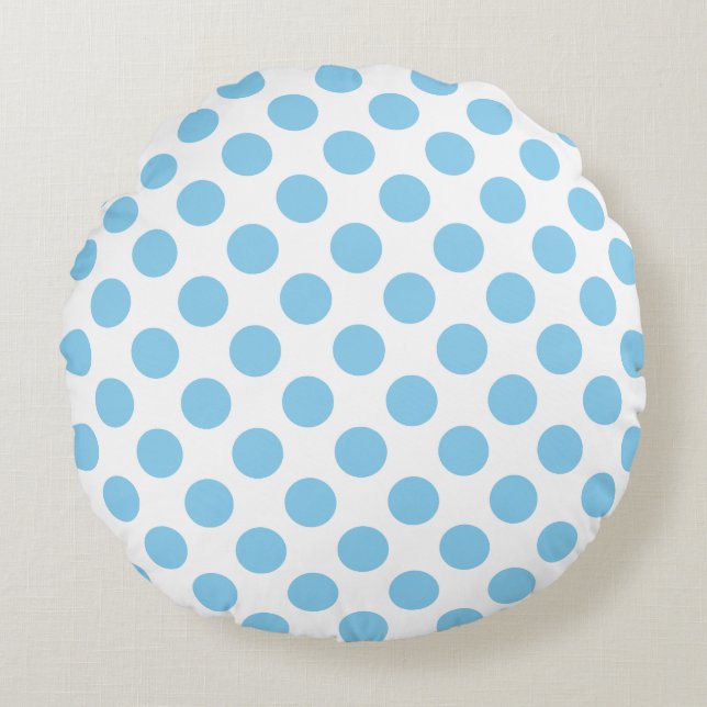 Baby Blauw op Witte Grote Grootte Polka Dots Rond Kussen (Voorkant)