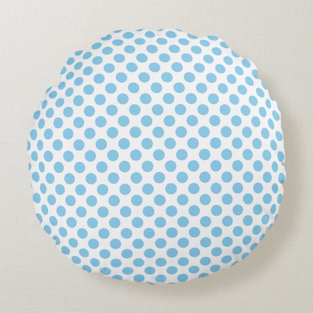 Baby Blauw op Witte Middelgrote Grootte Polka Dots Rond Kussen (Voorkant)