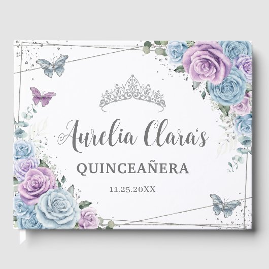 Baby Blauw Paarse Lila Floral Silver Quinceañera Gastenboek (Voorkant)
