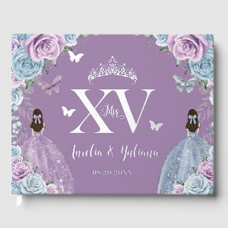 Baby Blauw Paarse Lila Floral Twins Quinceañera Gastenboek