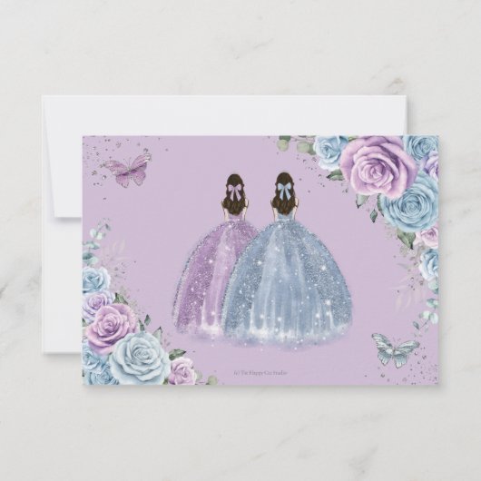 Baby Blauw Paarse Lila Floral Twins Quinceañera RSVP Kaartje (Achterkant)