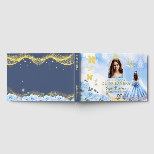 Baby Blauw Prinses Foto Gouden Folie Quinceañera Gastenboek (Volledig)
