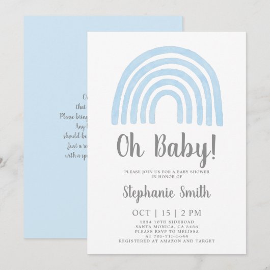 Baby Blauw Regenboog Baby shower Jongensuitnodigin Kaart (Voorkant / Achterkant)