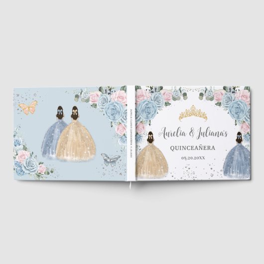 Baby Blauw Roze Bloemen Prinsessen Twins Quinceañe Gastenboek (Volledig)