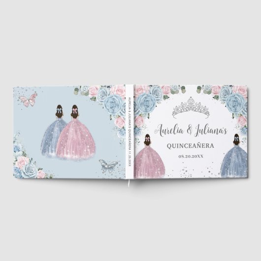 Baby Blauw Roze Bloemen Prinsessen Twins Quinceañe Gastenboek (Volledig)