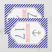 Baby blauw, roze nautische trouwtafel nummer briefkaart (Voorkant / Achterkant)