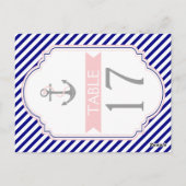 Baby blauw, roze nautische trouwtafel nummer briefkaart (Achterkant)
