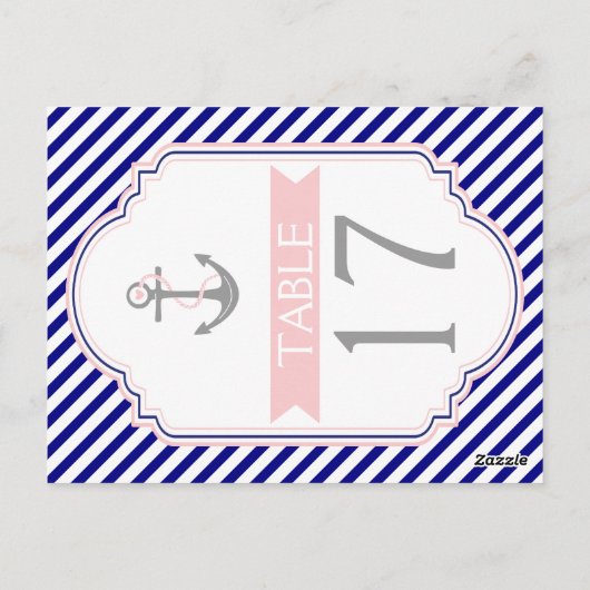 Baby blauw, roze nautische trouwtafel nummer briefkaart (Achterkant)