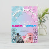 Baby Blauw & Roze Schattigee Tweeling Verjaardagsu Kaart (Staand voorkant)