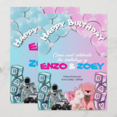 Baby Blauw & Roze Schattigee Tweeling Verjaardagsu Kaart (Voorkant / Achterkant)