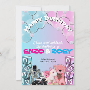 Baby Blauw & Roze Schattigee Tweeling Verjaardagsu Kaart