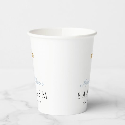 Baby Blauw Script Religieus Kruis Jongen Doop Papieren Bekers (Links)