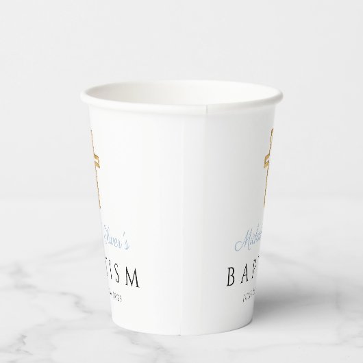 Baby Blauw Script Religieus Kruis Jongen Doop Papieren Bekers (Rechts)