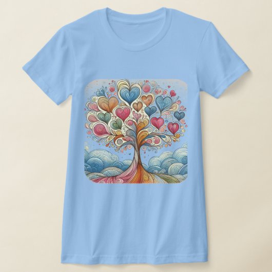 Baby blauw vrouwen T-shirt met hartenboom. (Laagn)