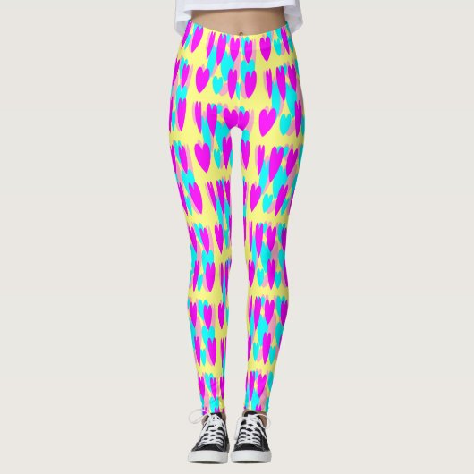 Baby blauw warm roze mellow gele harten leggings (Voorkant)