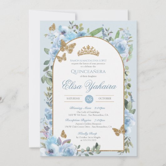 Baby Blauw Waterverf Golden Butterfly Quinceanera Kaart (Voorkant)