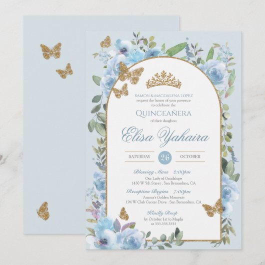Baby Blauw Waterverf Golden Butterfly Quinceanera Kaart (Voorkant / Achterkant)
